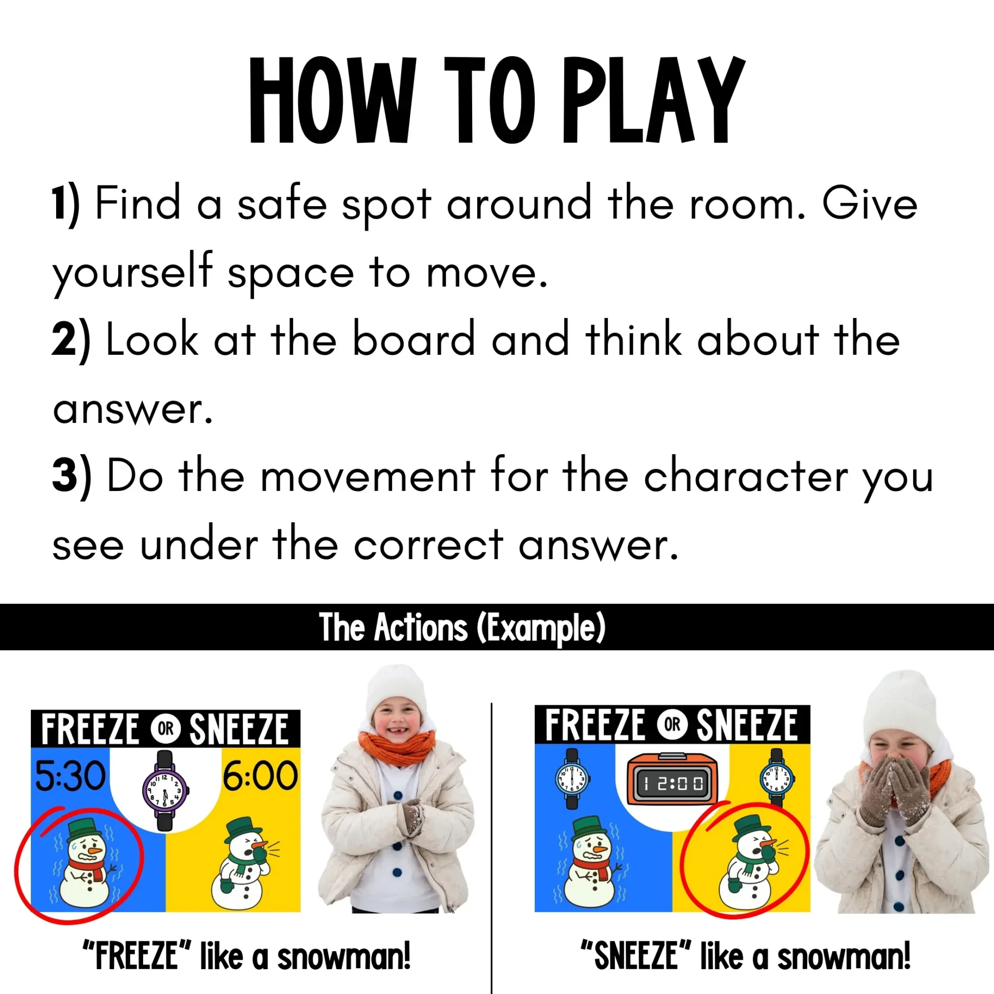 Winter 1st Grade Math Game for Movement - Telling Time to the Hour and Half Hour Winter 1st Grade Math Game for Movement - Telling Time to the Hour and Half Hour